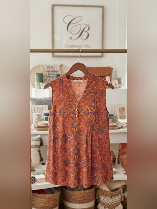 Cb Established 1962 Tops - Sleeveless V-Neck Paisley Print Women's Top in Orange and Purple